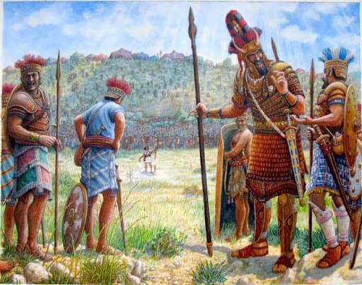 Painting of an armored Philistine giant beside his soldiers, depicting the Rephaim giants of the Bible
