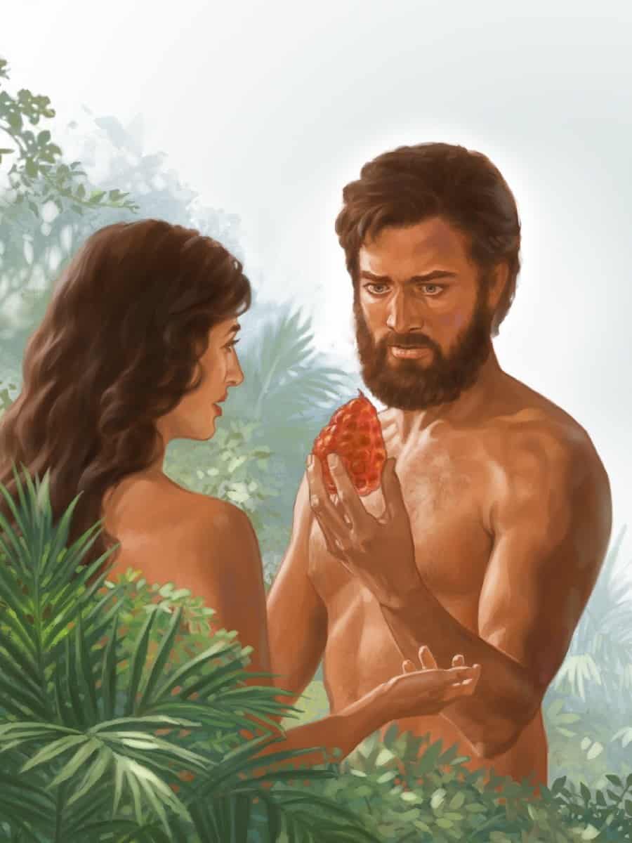 Adam and Eve holding the forbidden fruit in the Garden of Eden, the setting of the first prophecy in Genesis 3