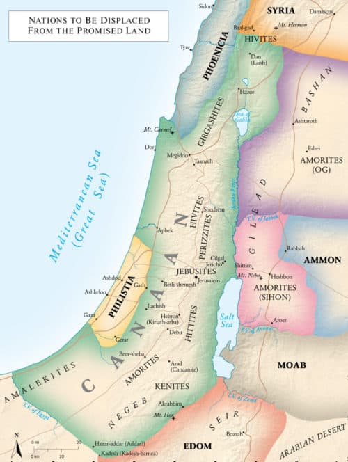 Map of Canaan showing the nations to be displaced from the Promised Land, including the Amorite kingdoms of Og and Sihon