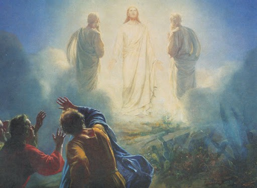 The transfiguration of Jesus with Moses and Elijah as the disciples fall back in awe (Matthew 17)