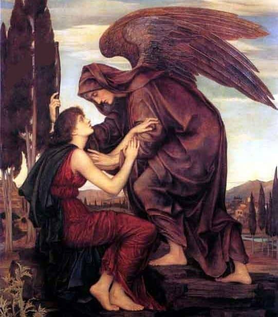 Painting of a winged angel embracing a woman, picturing the sons of God and the daughters of men in Genesis 6