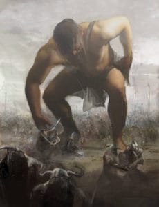 A giant striding across a battlefield, illustrating whether the Nephilim were the offspring of the sons of God