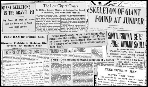 Collage of old newspaper headlines reporting the discovery of giant human skeletons