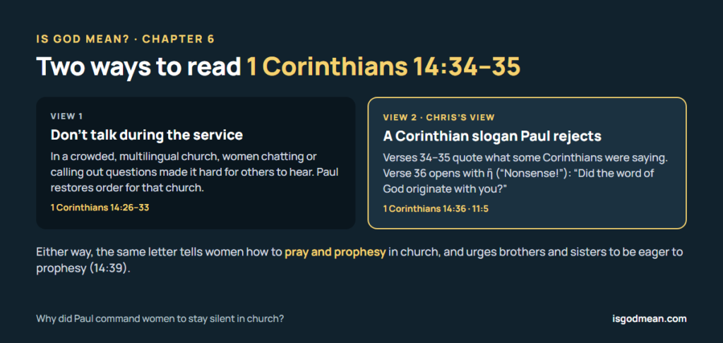 Two ways to read 1 Corinthians 14:34-35: an instruction not to talk during the service, or a Corinthian slogan Paul rejects in verse 36