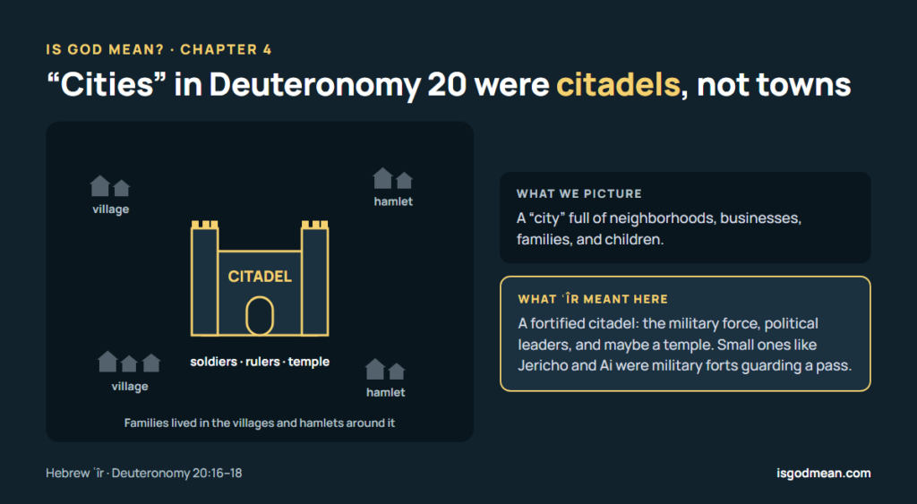 Diagram of a citadel housing soldiers, rulers, and a temple, with villages and hamlets around it where families lived