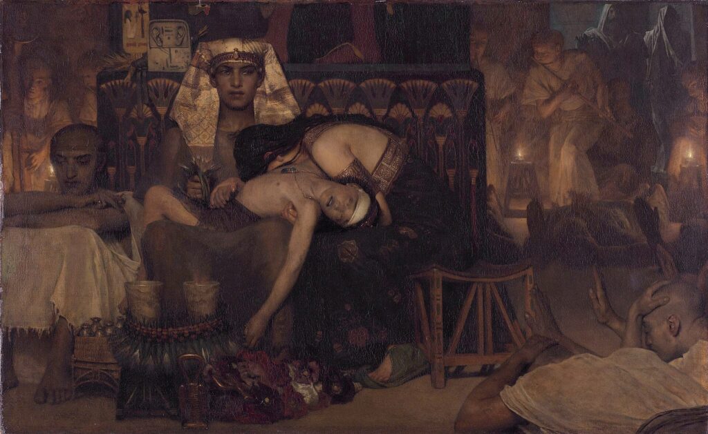 Alma-Tadema painting of Pharaoh seated with his dead firstborn son across his lap while Moses and Aaron look on