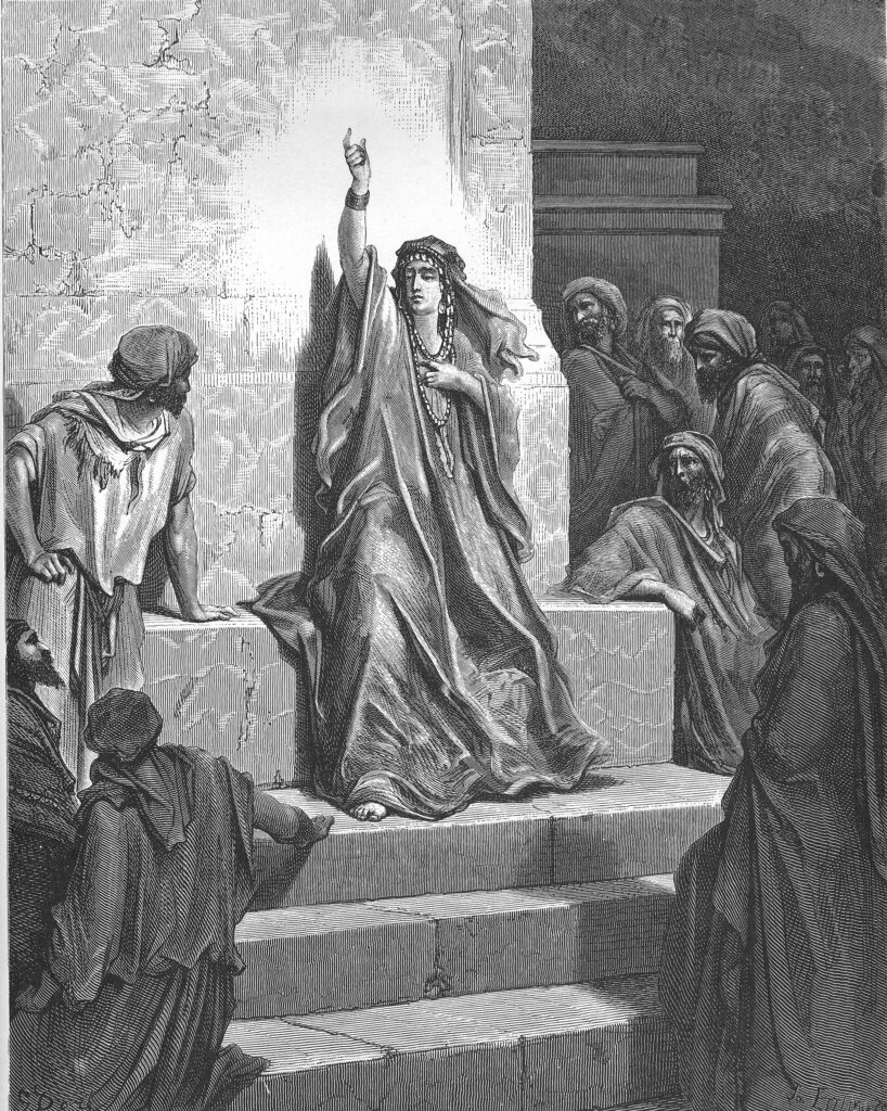 Gustave Doré engraving of the prophet Deborah raising her arms in a song of victory (Judges 5)