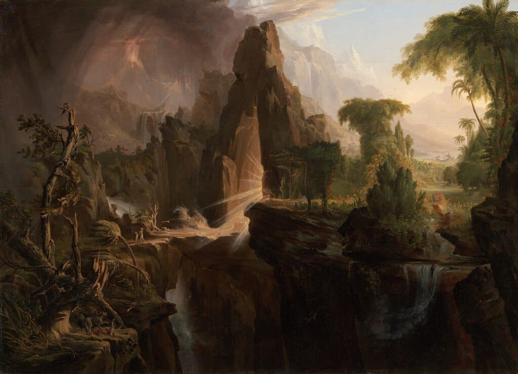 Expulsion from the Garden of Eden by Thomas Cole: Adam and Eve leaving the glowing garden for a dark, stormy wilderness