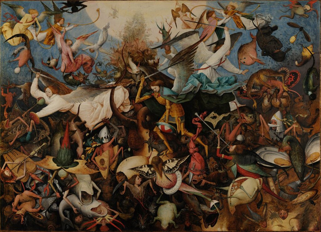 The Fall of the Rebel Angels by Pieter Bruegel the Elder: Michael and armored angels driving monstrous fallen angels down from heaven