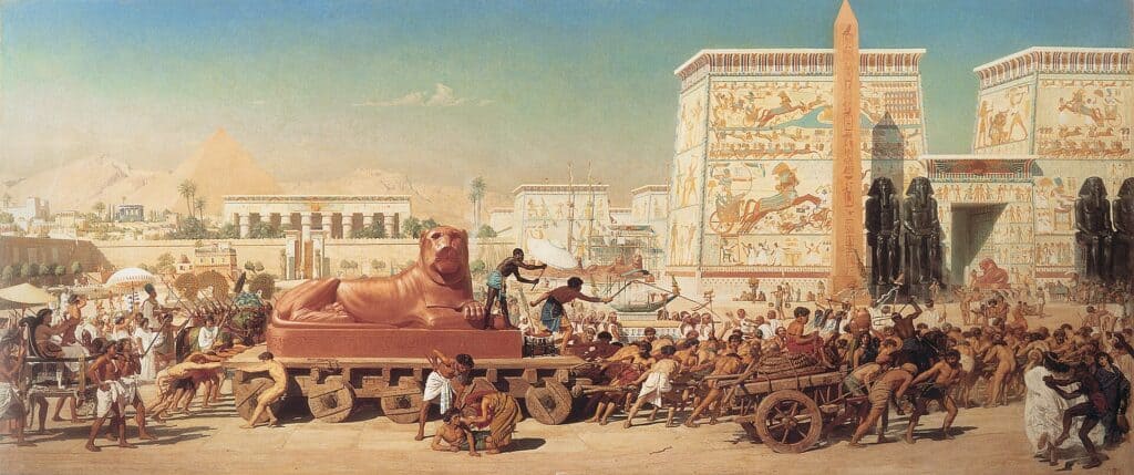 Israel in Egypt by Edward Poynter: Hebrew slaves hauling a giant stone lion statue under Egyptian taskmasters