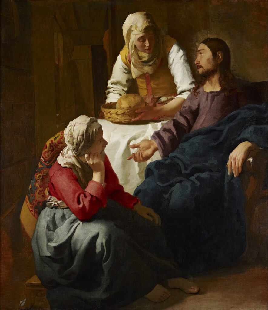 Vermeer painting of Jesus seated in Martha’s home while Mary sits at His feet and Martha brings bread