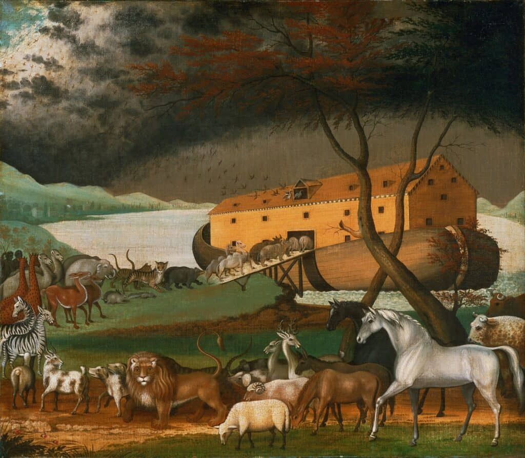 Noah’s Ark by Edward Hicks: pairs of animals walking toward the ark under a stormy sky