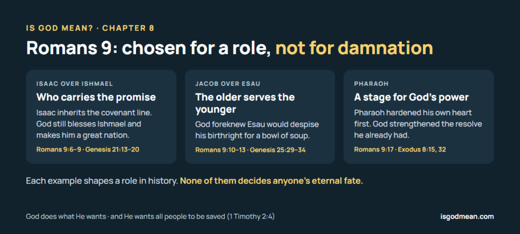 Romans 9’s examples, Isaac over Ishmael, Jacob over Esau and Pharaoh, were chosen for roles in history, not for eternal damnation