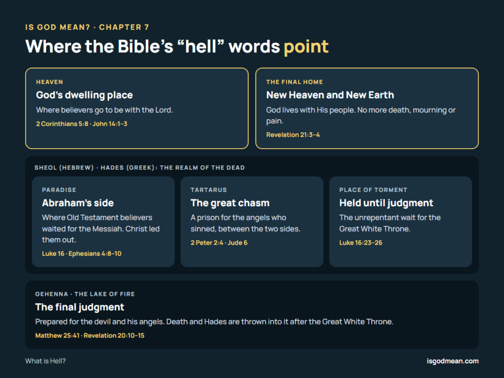 Diagram of the places the Bible’s words for hell point to: Heaven, Sheol or Hades with Paradise, Tartarus and the place of torment, and Gehenna, the lake of fire