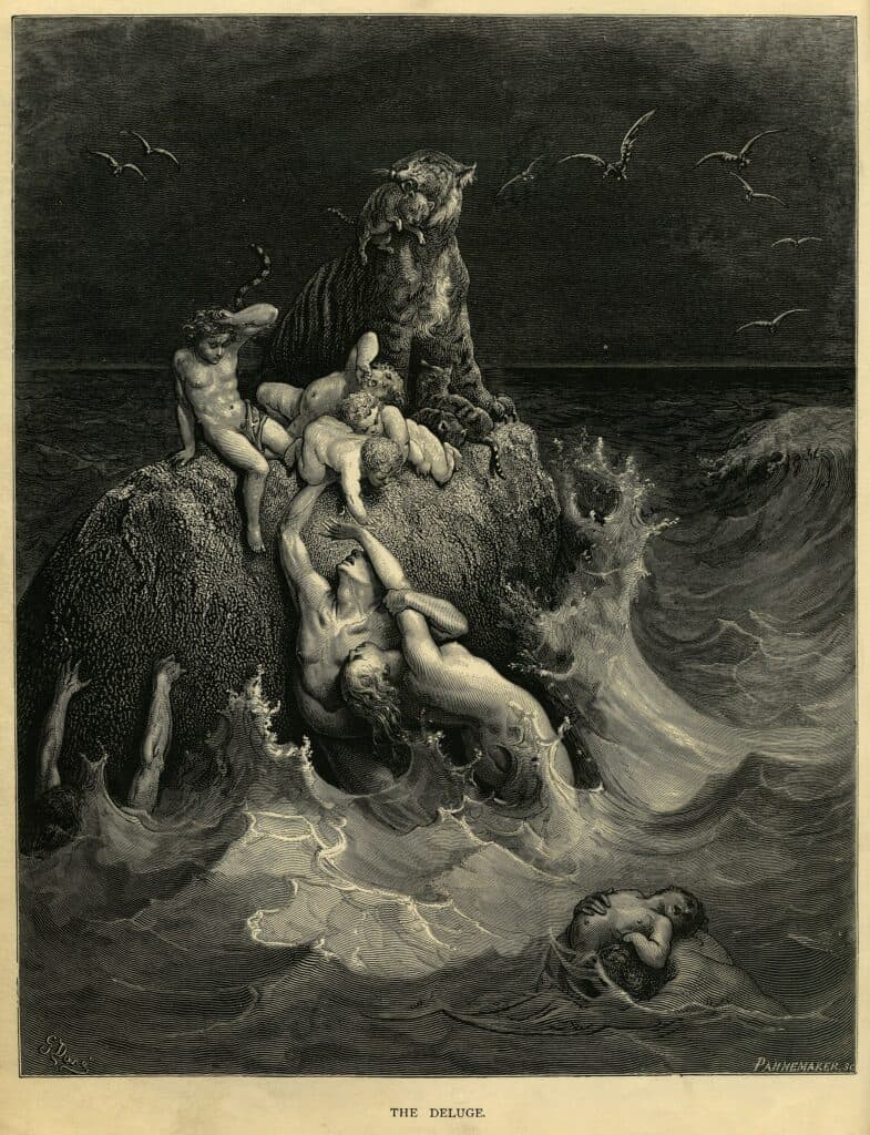 The Deluge by Gustave Doré: people and animals clinging to a rock as the floodwaters of Noah’s flood rise