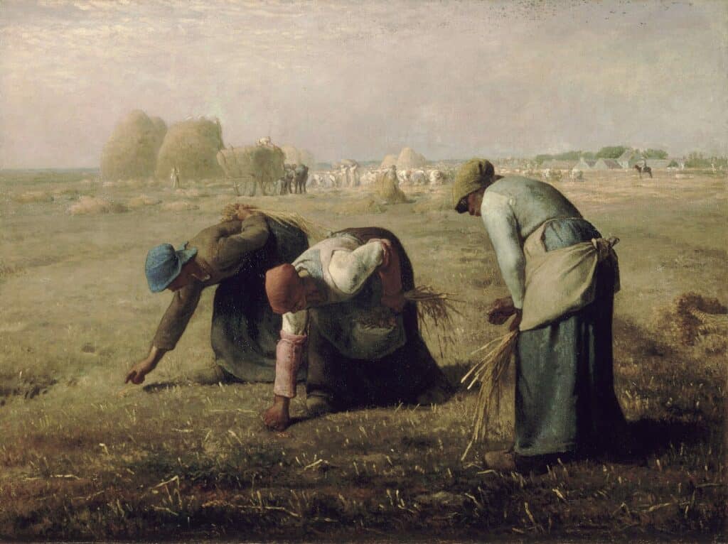 The Gleaners by Jean-François Millet: three women gathering leftover grain in a harvested field