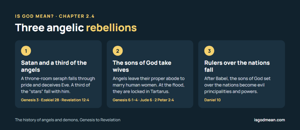 Three angelic rebellions in the Bible: Satan and a third of the angels, the sons of God taking wives in Genesis 6, and the rulers over the nations after Babel