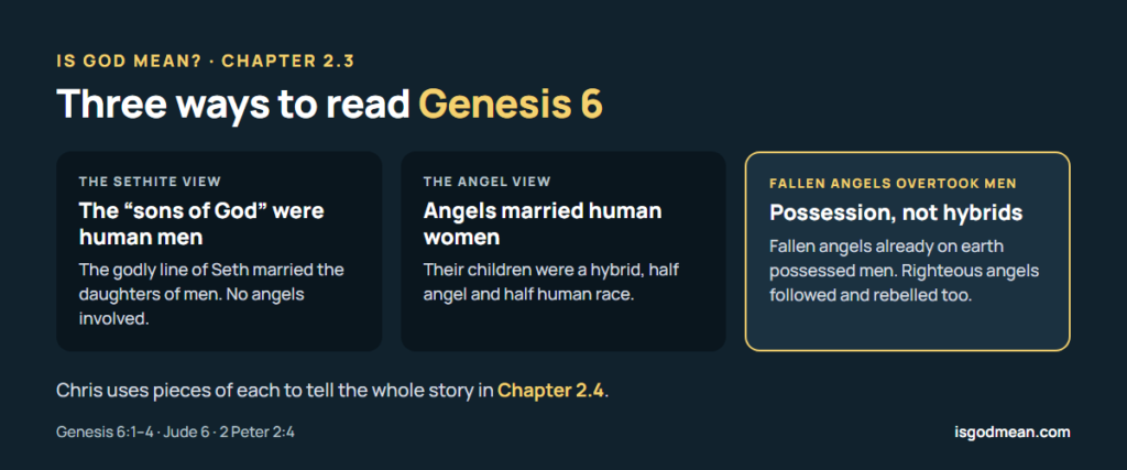 Three views of Genesis 6 compared: the Sethite view, the angel view, and the fallen angels overtook men view
