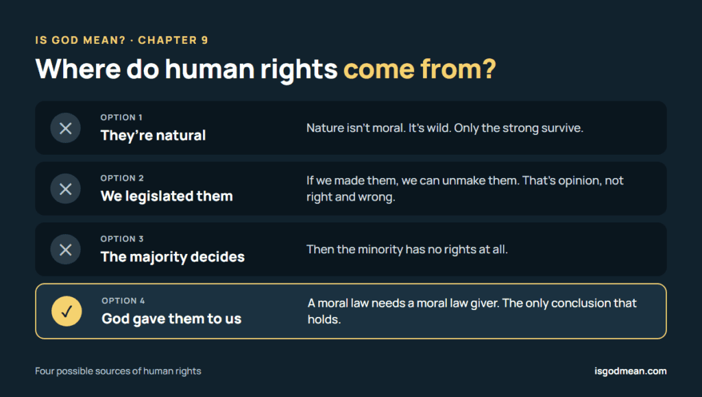 Where do human rights come from? Four options: they are natural, we legislated them, the majority decides, or God gave them to us