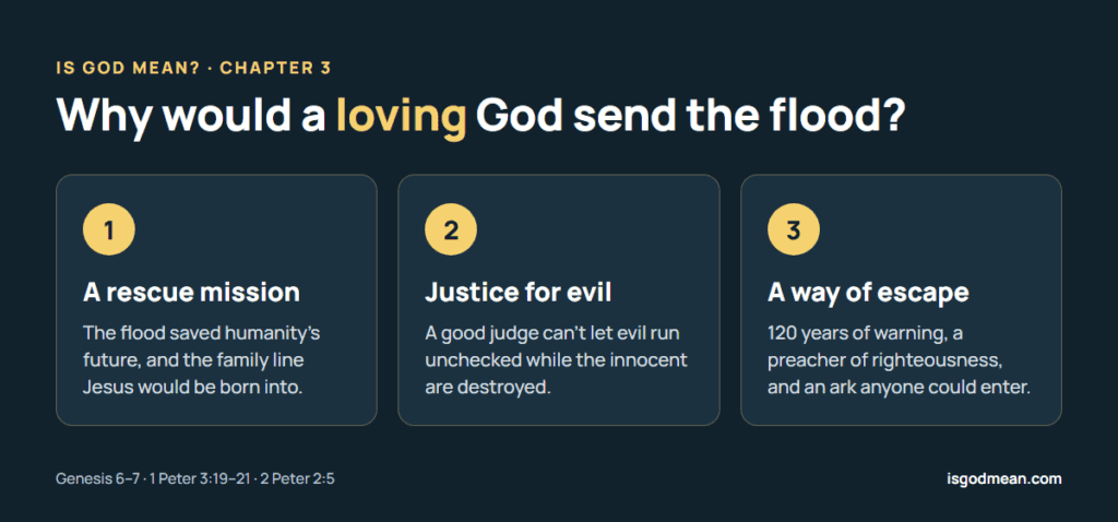 Three reasons a loving God sent the flood: a rescue mission, justice for evil, and a way of escape